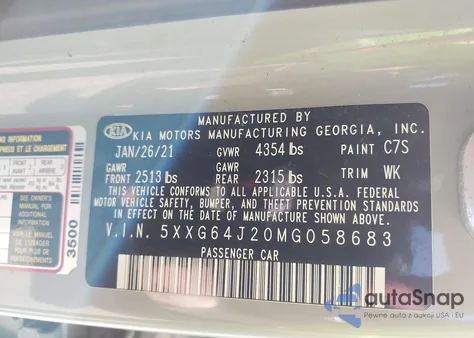 2021 Kia K5 Gt-Line z USA, uszkodzony, nr VIN 5XXG64J20MG058683